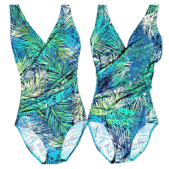 2 LL Bean One-Piece Swimsuit 8 Long Tropical Palm Slimming Shaping Surplice Tall - Picture 11 of 11